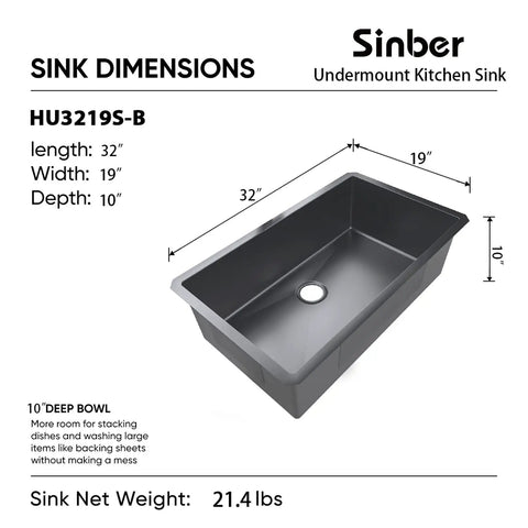 Diagram showing dimensions of Undermount Single Bowl Kitchen Sink 32 By 19 By 10 Inches, 18 Gauge 304 Stainless Steel With Black Finish.