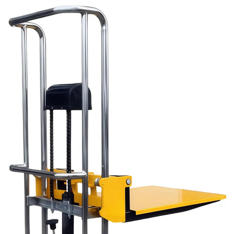 Pro Grade Heavy Duty Hydraulic Pallet Jack Stacker With Removable Cover Plate showing side view of steel frame and yellow platform.