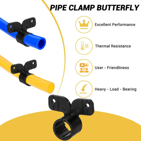 Front view of black nylon butterfly-style PEX pipe clamps for 3/4 inch pipes on blue and yellow PEX lines