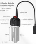 Image of 710W CNC Router Spindle Motor with Speed Display and Six Speed Settings, showing dimensions and key features like ER11 collet.