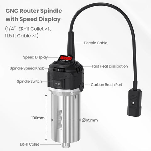 Image of 710W CNC Router Spindle Motor with Speed Display and Six Speed Settings, showing dimensions and key features like ER11 collet.