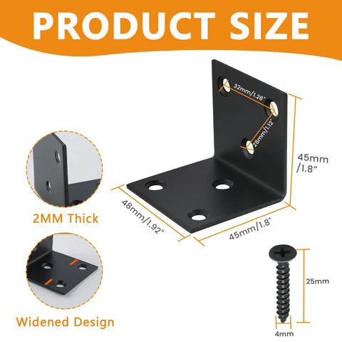 Rock Solid Built Tough Heavy Duty Black Stainless Steel L Brackets 4 Pack size details with dimensions for wall mount shelf supports.