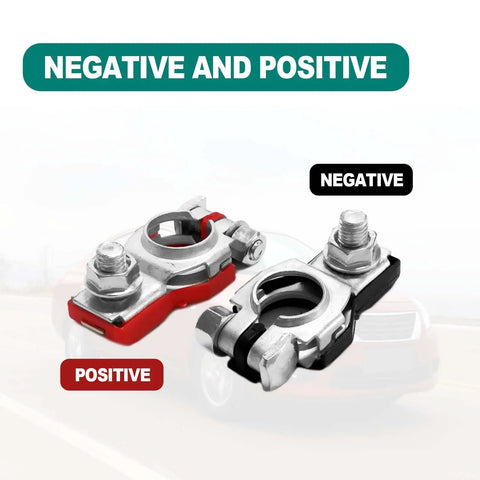Heavy Duty Top Shelf Battery Terminals Compatible With Nissan Sentra Murano Maxima Rogue Auto Cable Top Posts Positive Negative Connectors with red positive and black negative terminals.