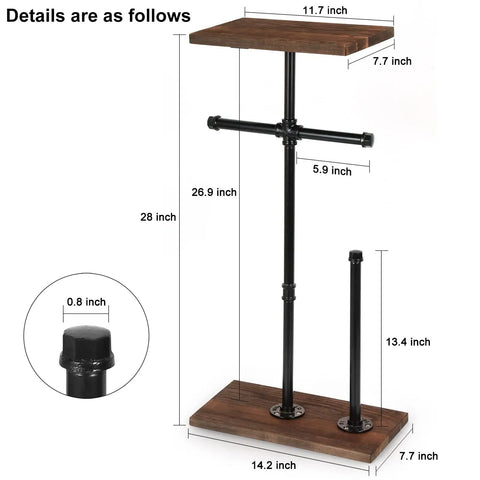 Freestanding Toilet Paper Holder With Shelf And Storage, Heavy Duty Industrial Style with Dimensions and Close-up Cap Detail