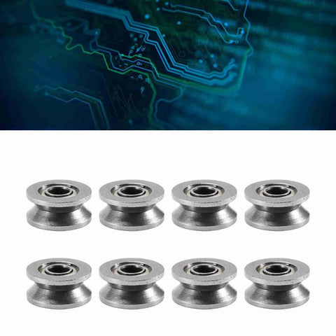 Built Like A Tank 10 Pack Carbon Steel V Groove Ball Bearings High Performance Heavy Duty Pulley Wheels For Smooth Motion System Guide Rails And Industrial Guideways 4x13x6mm displayed on a circuit background.