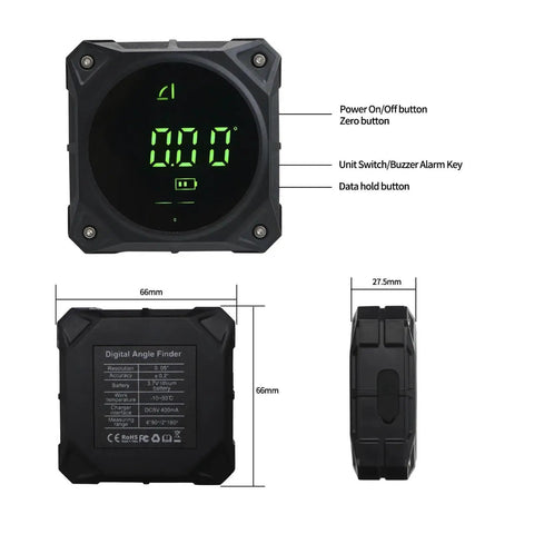 Digital Magnetic Angle Finder With Tough Four Side Magnets And Fast Touchscreen Panel showing buttons and display features.