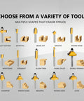 Pro Grade 100 Piece Router Bit Set With One Quarter Inch Shank Tungsten Carbide Bits showing various shapes and cuts.