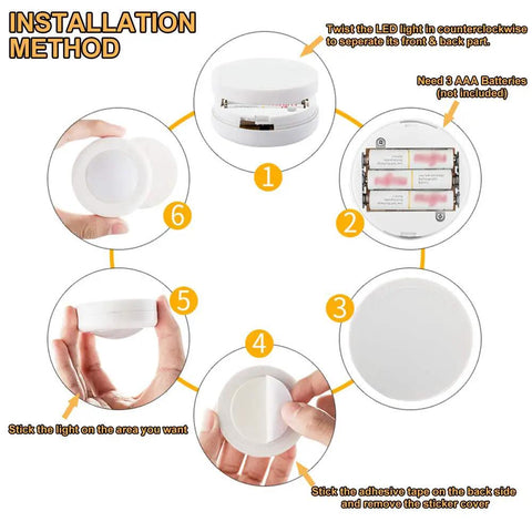 Installation steps for Wireless 16 Color Changing LED Puck Lights Kit 12 Pack showing battery, cover, and adhesive process.