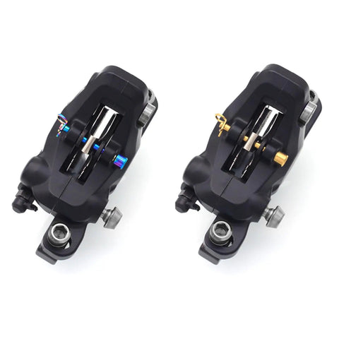 Rock Solid Titanium Disc Brake Bolts For Bikes With Heavy Duty Pvd Coated Threaded Plugs And Easy Grip Circlip For Fast Install and Bulletproof Wear Resistance On Any Trail Or City Ride, showing caliper design and colors.