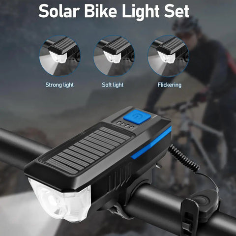 Rechargeable Solar Bike Lights With Ultra Bright Front Headlight And Rear Taillight All In One Built In Electric Bell USB Charging Waterproof