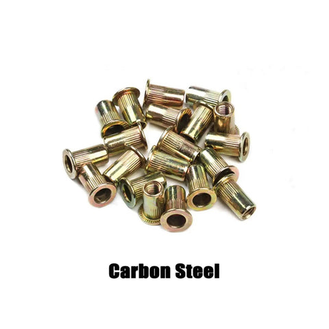 10 Pcs Flat Head Threaded Insert Rivet Nuts made from tough zinc plated carbon steel for DIY projects.