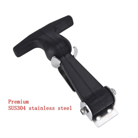 T-handle draw latch with black rubber grip and stainless steel mounting hardware