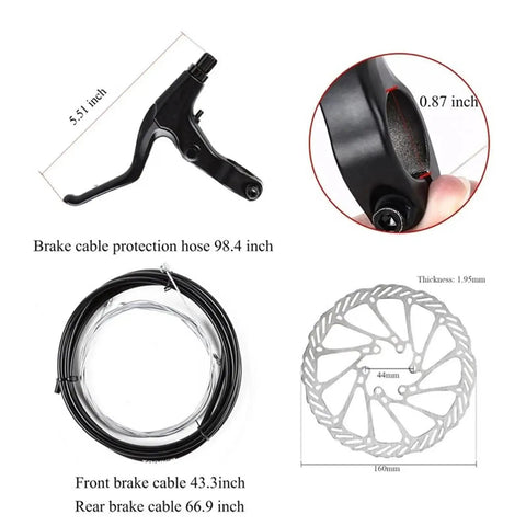 Rock Solid Rear Brake Kit With Mechanical Linear Pull Disc Caliper And 160mm G3 Rotor options showing brake lever, cables, and rotor sizes.