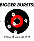 Halo Scope Target With Bigger Burst Technology for easy optic zeroing showing bullet impacts at 15 ft on reactive target