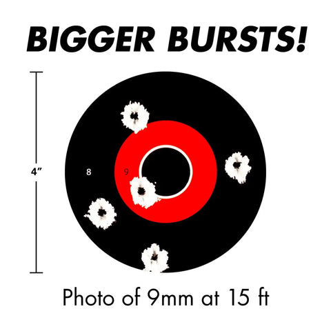 Halo Scope Target With Bigger Burst Technology for easy optic zeroing showing bullet impacts at 15 ft on reactive target