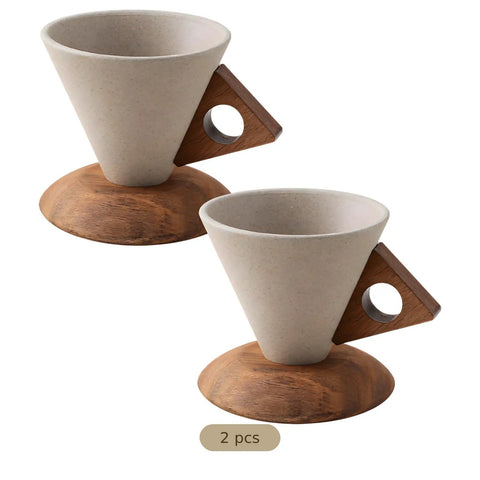 Reliable Terracotta Pour Over Coffee Dripper Set With Solid Wood Handle, Conical Ceramic Filter Holder with Beige Tone and Wood Base