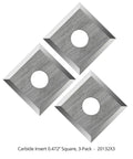 Three square carbide inserts with center holes, 0.472 inches, displayed in a triangular arrangement, 3-pack shown on white background.