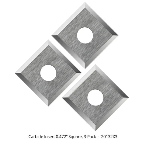 Three square carbide inserts with center holes, 0.472 inches, displayed in a triangular arrangement, 3-pack shown on white background.