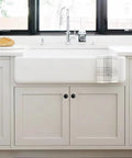 Matte black cabinet drawer pulls on white kitchen cabinets with farmhouse sink, showing 10 Pack Matte Black Cabinet Drawer Pulls 3.3 Inch Length Zinc Alloy Cup Pulls For Kitchen Hardware 2.5 Inch Center To Center Screws 0.7 To 1.4 Inch Thick Cabinets Includes 8-32 x 1 Inch And 1.5 Inch Screws installation