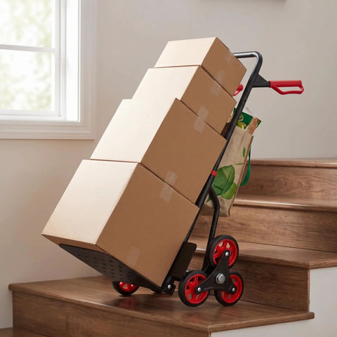Foldable Stair Climbing Hand Truck With Six Wheel Set For Couriers And Storage Rooms Durable Carbon Steel Frame Compact Fold On The Go Portable Transport Cart For Steps And Curbs Easy Storage And Heavy Duty Hauling with boxes on wooden stairs