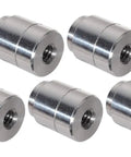 Five Piece Set Of Shop Grade Aluminum Weld On Bungs With 1/4-20 Threaded Inserts For Custom Fabbing Auto Mounts Radiator Tanks And Bracket Hardware Built Damn Tough In America, showing polished aluminum bungs.