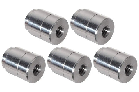 Five Piece Set Of Shop Grade Aluminum Weld On Bungs With 1/4-20 Threaded Inserts For Custom Fabbing Auto Mounts Radiator Tanks And Bracket Hardware Built Damn Tough In America, showing polished aluminum bungs.