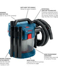 Go-To 18V Cordless Wet Dry Vacuum 2.6-Gallon Portable Shop Vac And Dust Extractor with labeled features and HEPA filter