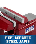 Beefy Utility Bench Vise With 6-1/2 Inch Jaw Width, 6 Inch Opening, 4 Inch Throat, 360 Degree Swivel Base, Dual Lock-Downs, Serrated Hardened Jaws, Built-In Pipe Jaws, And Large Anvil Work Surface For Pro Shop Tasks, red steel jaws