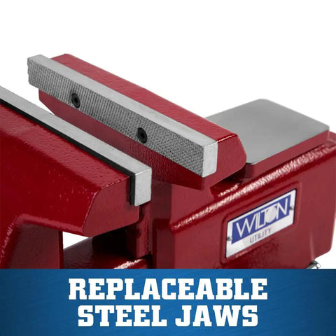 Beefy Utility Bench Vise With 6-1/2 Inch Jaw Width, 6 Inch Opening, 4 Inch Throat, 360 Degree Swivel Base, Dual Lock-Downs, Serrated Hardened Jaws, Built-In Pipe Jaws, And Large Anvil Work Surface For Pro Shop Tasks, red steel jaws