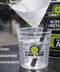LiME LiNE 2K clearcoat automotive paint kit with hardener, 1.25 qt, poured into a measuring cup with Lime Line logo