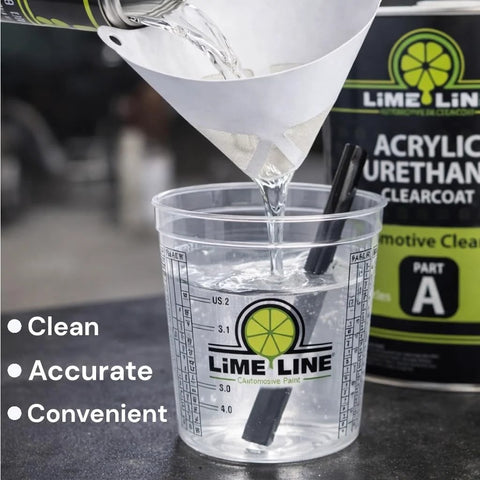 LiME LiNE 2K clearcoat automotive paint kit with hardener, 1.25 qt, poured into a measuring cup with Lime Line logo