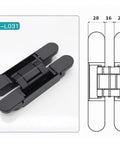Premium 3D Adjustable Hidden Cross Hinge for Wood Doors and Gates Self-Closing Silent Operation Heavy Duty Zinc Alloy with Rock Solid 80Kg Load Capacity Easy Install Left Right Swap Silver Finish, black hinge design with dimensions.