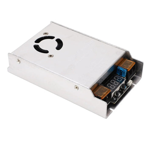 Heavy Duty MPPT Solar Boost Controller Step Up Charge Regulator Built Tough Boasts 98 Percent Efficiency For DC 12V To 50V EV Batteries And Solar Panels, silver stainless housing, displayed with fuses.