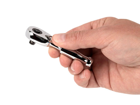 Quarter Inch Drive Quick Release Stubby Ratchet With Three Inch Length, Ultra Compact Head, 90-Tooth Gear for smooth 4-degree swing in hand