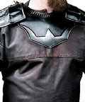 Medieval Blackened Pauldrons And Gorget Set For Berserk Guts Style Armor worn on leather, front view, 18 gauge steel.