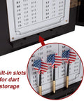 Solid Wood Classic Dartboard Cabinet Set with bristle dartboard, built-in scoreboard, slots for 6 steel tip darts storage, premium brown finish