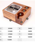Premium Wood Coffee Tamping Station With Integrated Knock Box And Non Slip Tamper Pad for 58Mm Portafilter top view showing size and compartments.