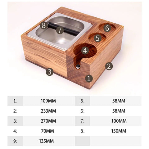 Premium Wood Coffee Tamping Station With Integrated Knock Box And Non Slip Tamper Pad for 58Mm Portafilter top view showing size and compartments.