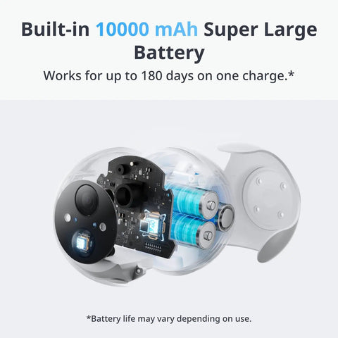 Illustration of Wireless Outdoor Spotlight Security Camera With 1080P HD showing 10000mAh battery and internal components.
