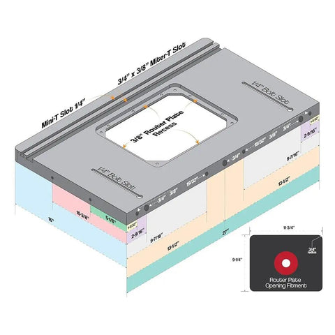 Diagram of Pro Grade Cast Iron Router Table Extension With Tough As Nails Phenolic Plate and Precision Fence dimensions and slots.