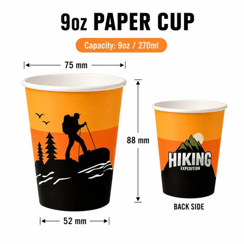 9oz paper cup with hiking silhouette design, part of 50 Pack 9oz Camping And Hiking Themed Disposable Paper Cups For Parties And Outdoor Adventures, No Mess Cleanup, Great For Birthday Favors, Sports Events, And Camping Trips.