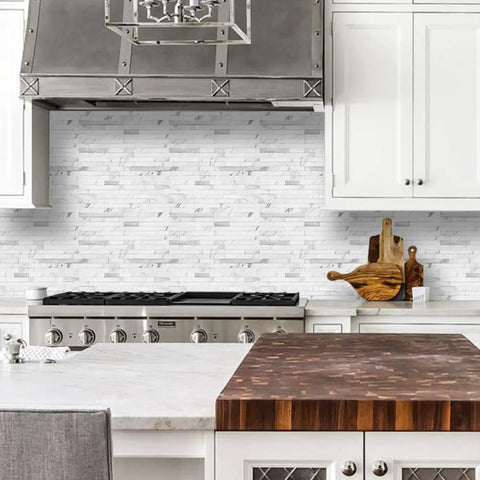 Kitchen with 10 Sheet Peel And Stick Backsplash Tile With Faux White Marble Look In PVC Mixed Metal Finish For Kitchen And Bathroom
