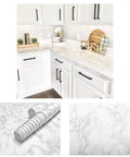 White Marble Peel And Stick Countertop Vinyl Laminate Cover Self Adhesive Waterproof Durable 36x72 Inch Roll in a kitchen setting