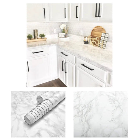 White Marble Peel And Stick Countertop Vinyl Laminate Cover Self Adhesive Waterproof Durable 36x72 Inch Roll in a kitchen setting