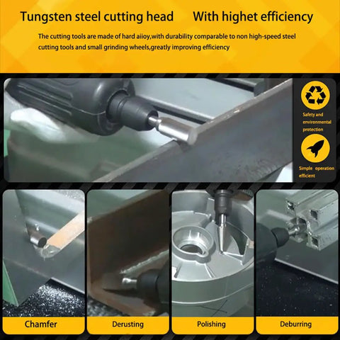 Double Cut Cylindrical Ball Nose Tungsten Carbide Rotary Burrs Set Of Four 6mm Diameter One Eighth Inch Shank Two Inch Overall Length in use for metal chamfering, derusting, polishing, and deburring
