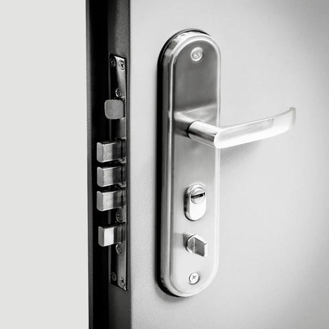 Quick Mount Steel Security Door With Frame And Hardware, Gray Right Side Hinged Outward, Adjustable Width From Forty Three And Five Sixteenths Inches To Forty Five And Eleven Sixteenths Inches, Height Eighty One And Eleven Sixteenths Inches