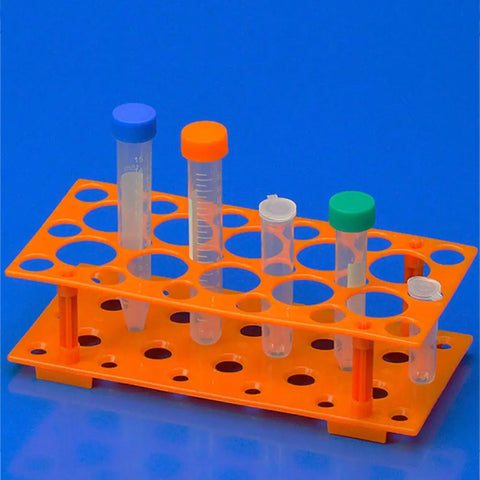 Detachable Plastic Test Tube Rack Set 2 Pack In Blue And Orange For 10ml 15ml And 50ml Centrifuge Tubes 28 Well Stand With Easy Assembly Lab Storage Holder For Science Class Gear.