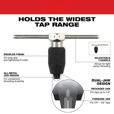 For Milwaukee Tool 49-57-5001 Tap Collet Plus Handle Bar Kit, showing knurled finish and adjustable T-handle design.