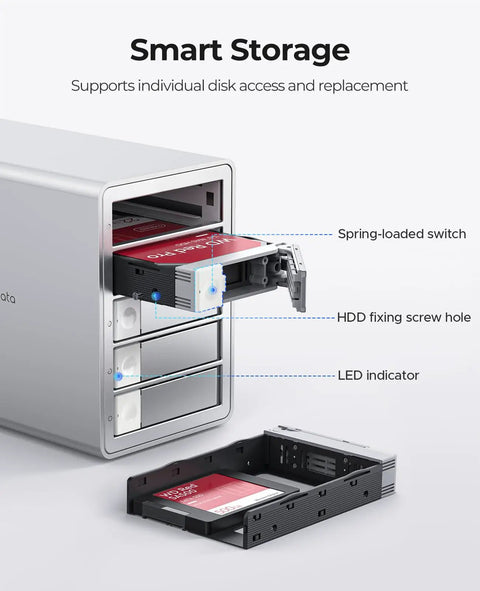 Massive 5 Bay Hard Drive Enclosure showing individual disk access mechanism with spring-loaded switch and LED indicator.