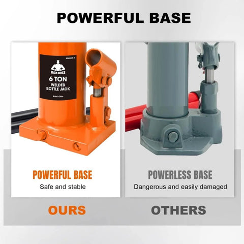 Comparison of orange 6 Ton Hydraulic Bottle Jack For Auto And Truck Repair Heavy Duty Workhorse with solid base to another weaker base